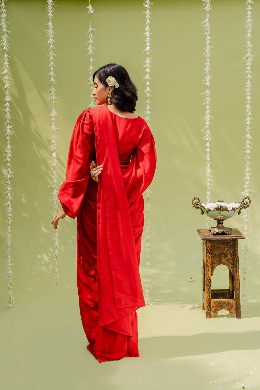Embroidered Drape Red Saree